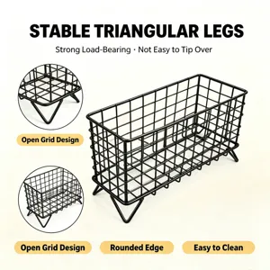 Black iron wire storage basket with triangular legs, perfect for desktop and cosmetic organization.
