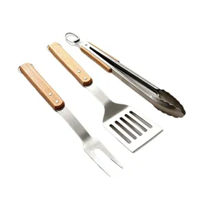 3-piece BBQ tool set with stainless steel and wooden handle, including fork, spatula and tongs.