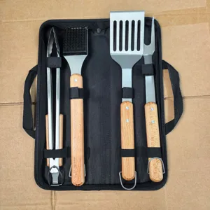 BBQ grill tool set with wooden handle stainless steel spatula tongs fork brush in carry bag
