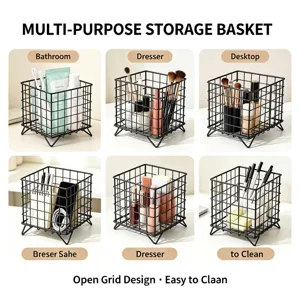 Detailed view of black metal wire storage basket, open grid design for desktop and vanity.