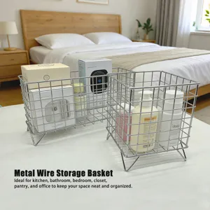 Silver metal wire storage basket for home and office organization, mesh desktop organizer bin.