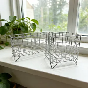 Silver metal square wire storage basket desktop makeup organizer home office tidy bin.