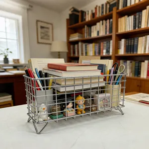 Silver metal wire mesh desktop storage basket, office home stationery organizer bin.