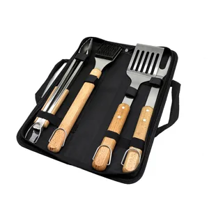 Stainless steel BBQ grill tool set with wooden handles, 4 pieces with storage bag.