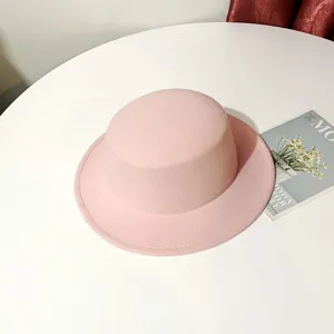 Pink woolen flat top hat women elegant vintage felt fedora hat casual autumn winter fashion