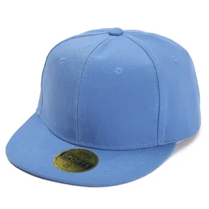 Detailed view of the light blue flat brim baseball snapback cap with size sticker on brim.