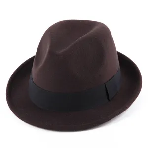 Clásico sombrero fedora de fieltro de lana marrón oscuro para mujer, estilo británico.