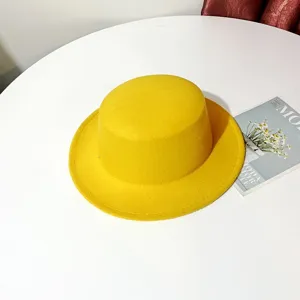 Yellow flat top felt hat wool vintage fedora hat stylish casual hat for women and men detail view