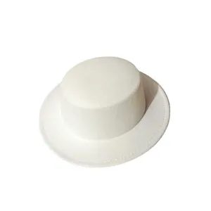 White flat top hat detail, premium wool felt material, clean stitching, stylish accessory.