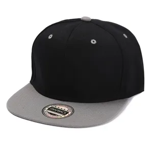 Detailed view of a classic black and grey snapback baseball cap with a flat brim and eyelets.
