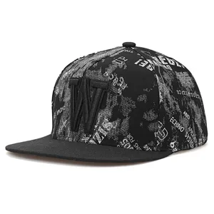 Trendy black hip-hop baseball cap with letter print and 3D embroidered front logo design.