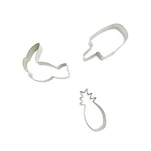 Stainless steel cookie cutter set featuring parrot, ice pop, and pineapple shapes for DIY baking.