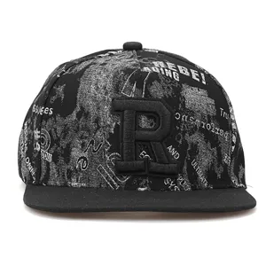 Black hip-hop baseball cap with graffiti text print and bold embroidered R front logo.