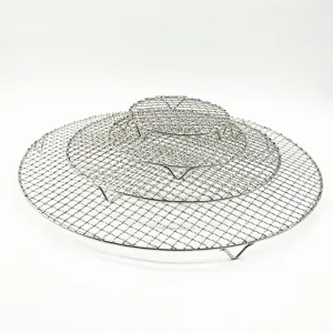 Round stainless steel cooling wire rack with legs for air fryer and barbecue grill main view.
