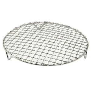 Stainless steel round cooling and roasting rack with standing feet for air fryer.