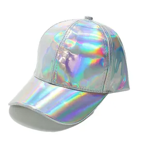 Casquette de baseball en cuir PU holographique brillante iridescente chapeau hip hop arc-en-ciel
