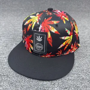 Gorra de béisbol plana de hip-hop con estampado de hojas y parche de texto de marca para estilo urbano.