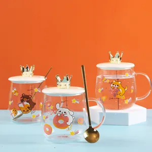 Cute Cartoon Heat Resistant Glass Water Cup With Crown Lid And Golden Spoon Large Capacity Coffee Milk Breakfast Mug