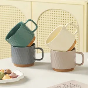 European ceramic coffee mugs set with textured diamond pattern, perfect for office and home use.