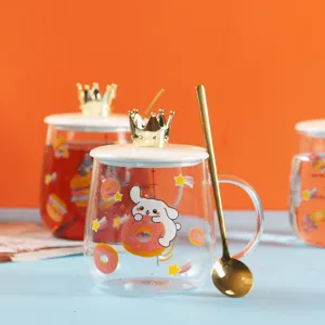 Cute cartoon glass cup with crown lid and spoon detailed view for coffee and milk drink