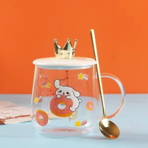 Cute cartoon glass mug with crown lid and gold spoon, heat-resistant coffee water cup.