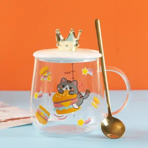 Heat-resistant glass coffee mug with crown lid and gold spoon, cute cat pattern 500ml.