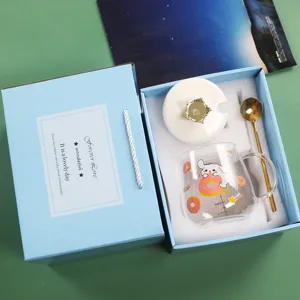 Cute cartoon glass mug gift set with lid and spoon 500ml heat resistant coffee cup for breakfast
