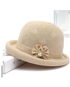 Knitted dome hat women spring summer casual literary basin hat beige elegant flower pearl decor
