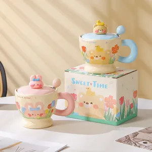 Süße Cartoon Keramik Tasse mit Deckel Löffel kawaii Kaffeebecher Set Geschenkbox