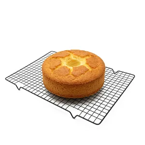 Black metal wire cooling rack for baking, rectangular grid cake cooling pan for kitchen use.
