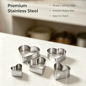 Stainless steel heart cookie cutters detail shot, showing smooth rolled rims and sharp cutting edges.
