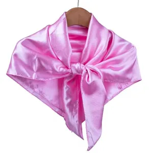 Pink satin silk square scarf, smooth texture elegant neckerchief for women daily wear accessory.