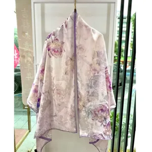 Chinese style floral print long silk scarf elegant purple shawl versatile fashion women