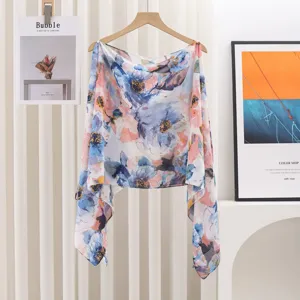 Summer floral print chiffon shawl women lightweight sun protection cape beach wrap scarf top