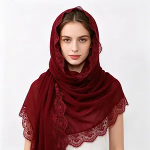 Burgundy lace chiffon headscarf breathable soft women long veil fashion elegant hijab
