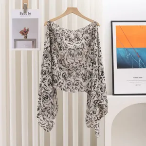 Women Fashion Chiffon Shawl Summer Sun Protection Cape Polka Dot Floral Print Beaded Pullover Elegant Outerwear Scarf