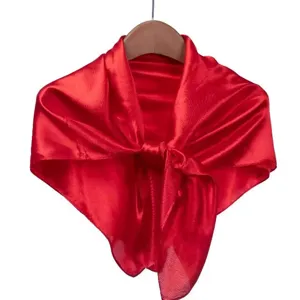 Red solid color satin silk square scarf detail, elegant neckerchief and hair band.