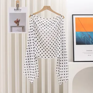 Elegant white chiffon shawl featuring black polka dots, perfect for summer sun protection.