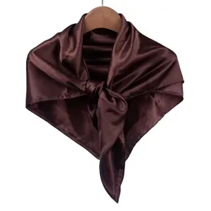 Solid color dark brown satin square scarf, elegant smooth silk feel neckerchief for women.