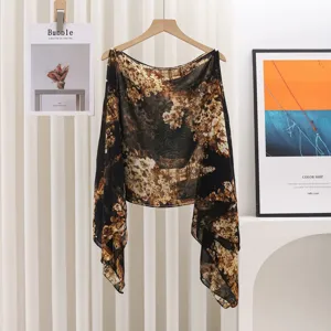 Elegant floral print sheer sun protection poncho with delicate white pearl bead details