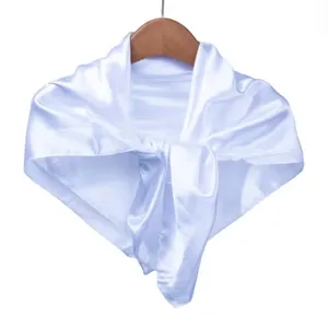 Women solid color silk square scarf elegant satin neckerchief 90cm white shawl for wear.