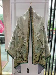 Elegant Chinese style Xiangyunsha long silk scarf with vintage floral print shawl design.