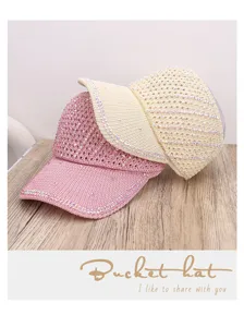 Gorra de béisbol de punto hueco con diamantes de imitación para mujer verano rosa beige