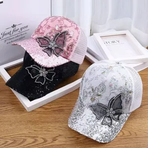 Cappello da Baseball con Farfalla in Strass da Donna Protezione Solare Estiva Rete Traspirante Visiera Tesa Curva Cappello Casual alla Moda