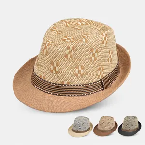 Cappello Fedora di Paglia Estivo da Uomo Cappello da Sole a Quadri Traspirante Moda Spiaggia Casual Cappello Panama Intrecciato