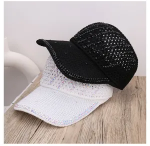 Gorra de béisbol de malla con diamantes de imitación, sombrero de verano transpirable para viajes.