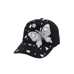 Berretto da baseball con farfalla in strass da donna, cappello nero con cristalli scintillanti.