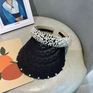 Sombrero de sol de encaje con perlas parte superior vacía verano playa anti UV elegante