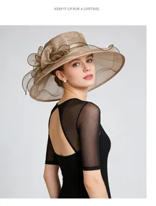 detail shot of elegant organza sun hat for women wide brim french style chic summer headwear
