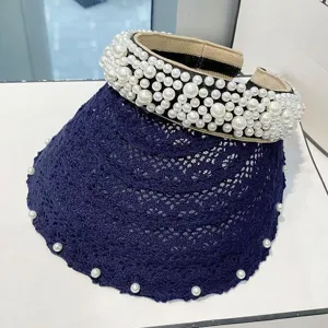 Visera de sol de encaje azul marino con perlas blancas, sombrero de playa transpirable.